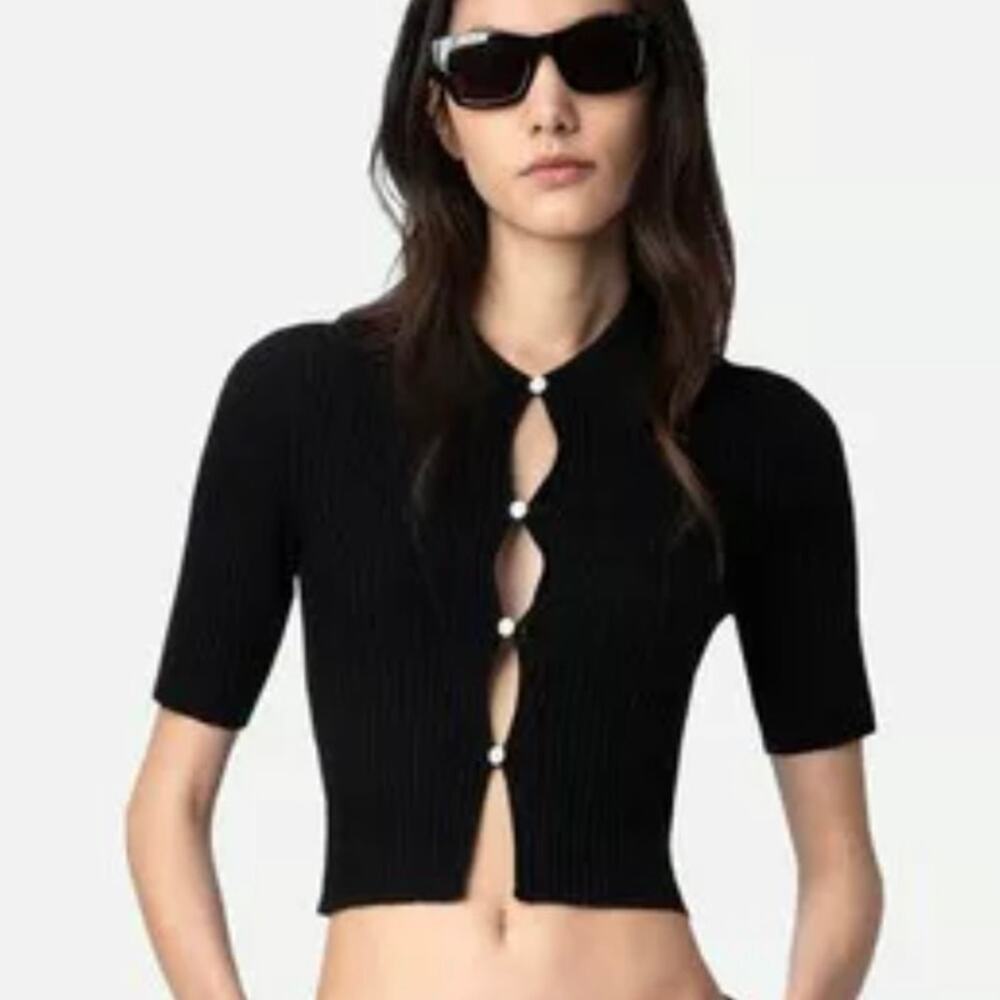 Zadig & Voltaire Lyam Short Sleeve Ribbed Cardigan - Black - Merino Wool- Size M